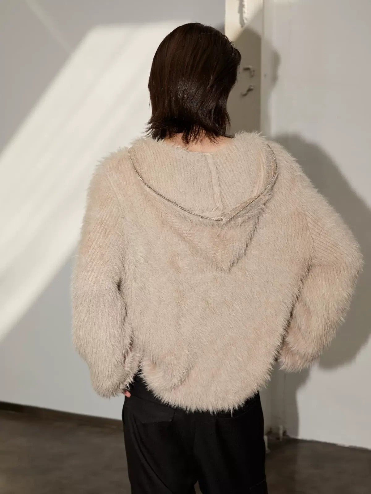 Y OFFICIAL Faux Mink Half Zip Hoodie in Beige - On Model