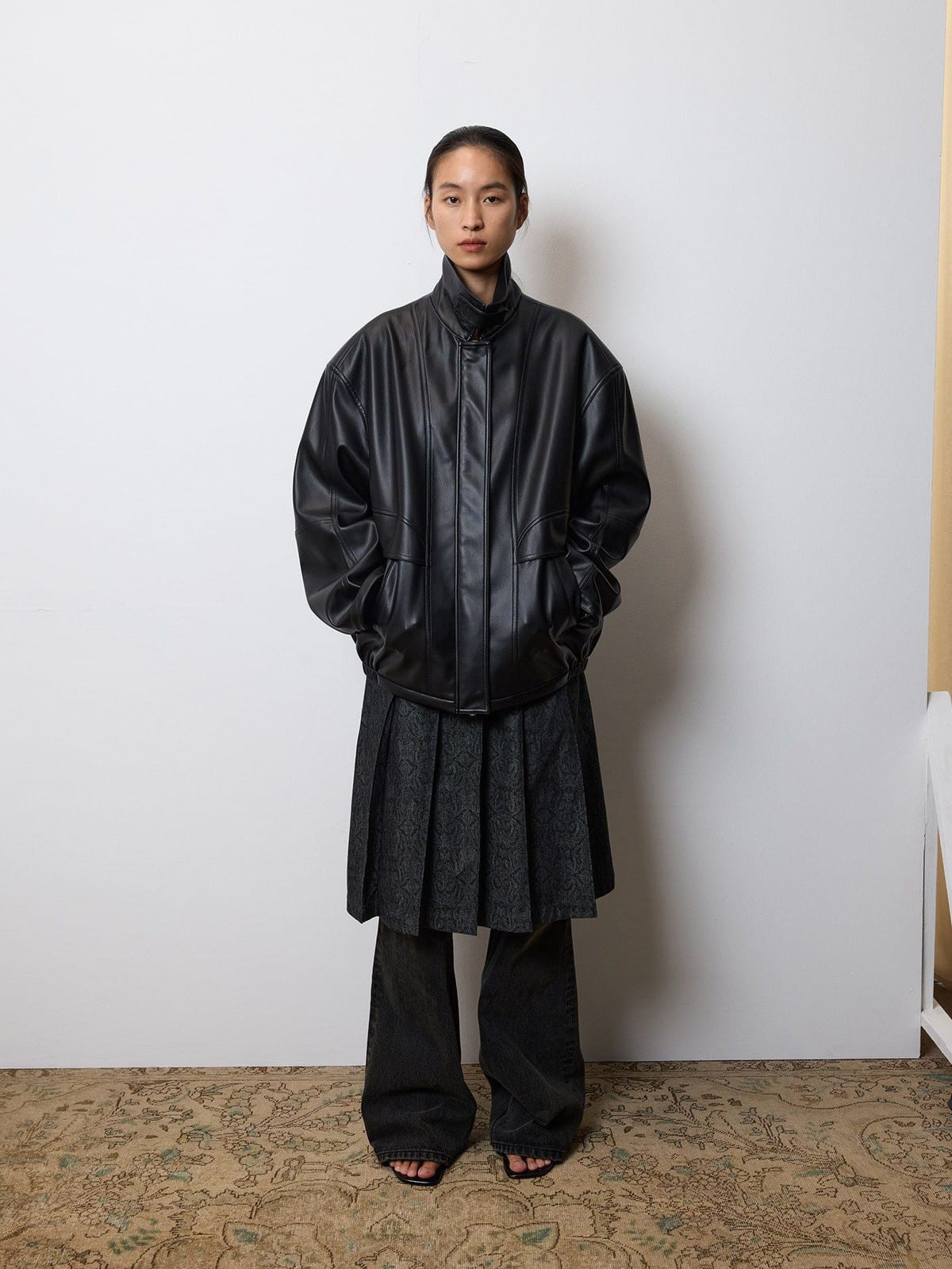 Random Piece Drop Shoulder Matte Faux Leather Jacket in Black - On Female Model