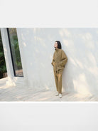 TEASEL Short Stand Collar Trench Coat in Khaki - On Female Model