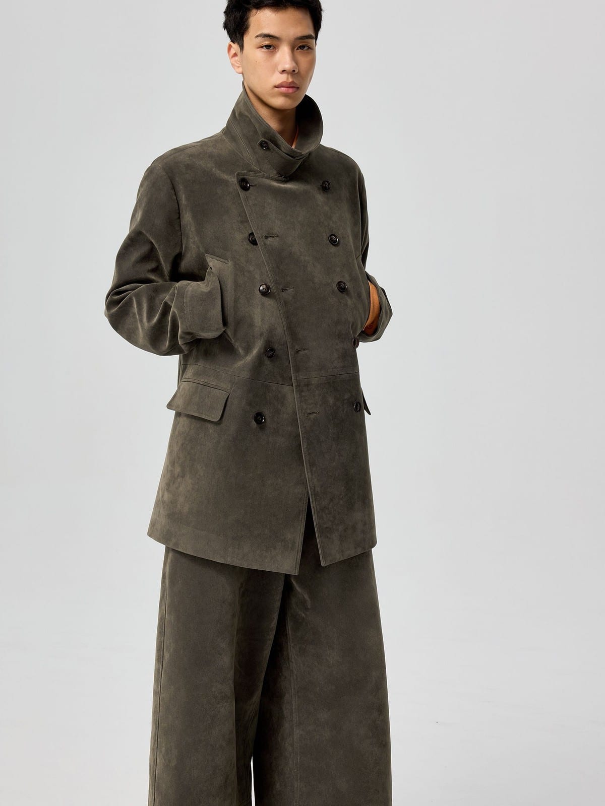 SIMPLE PROJECT Faux Suede Double Breasted Peacoat in Gray - On Male Model
