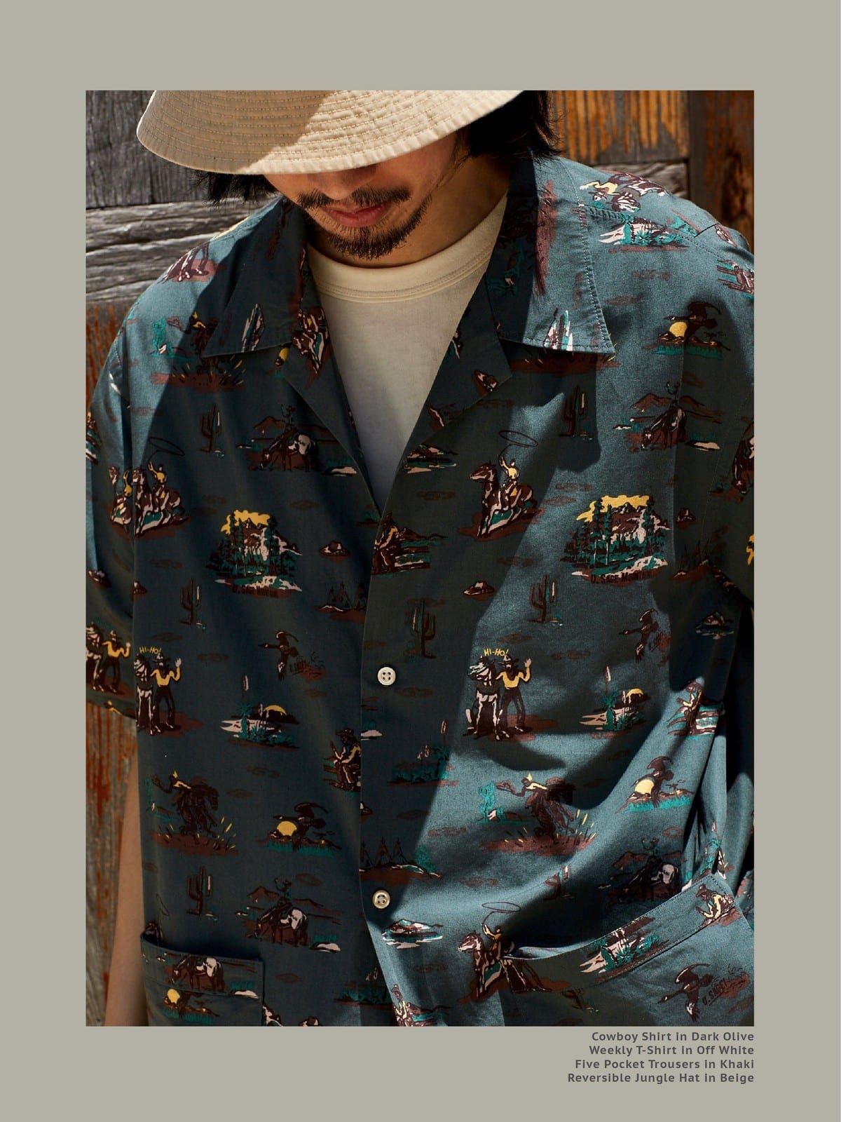 USAGE Cowboy Print Cotton Hawaiian Shirt in Teal - On Male Model