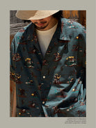 USAGE Cowboy Print Cotton Hawaiian Shirt in Teal - On Male Model