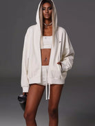SMFK Cotton Wool Oversized Zip Up Hoodie in White - On Female Model