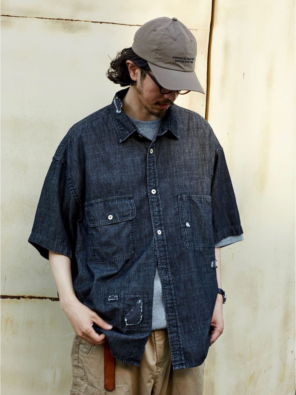 USAGE Distressed Short Sleeve Denim Shirt in Gray - On Male Model