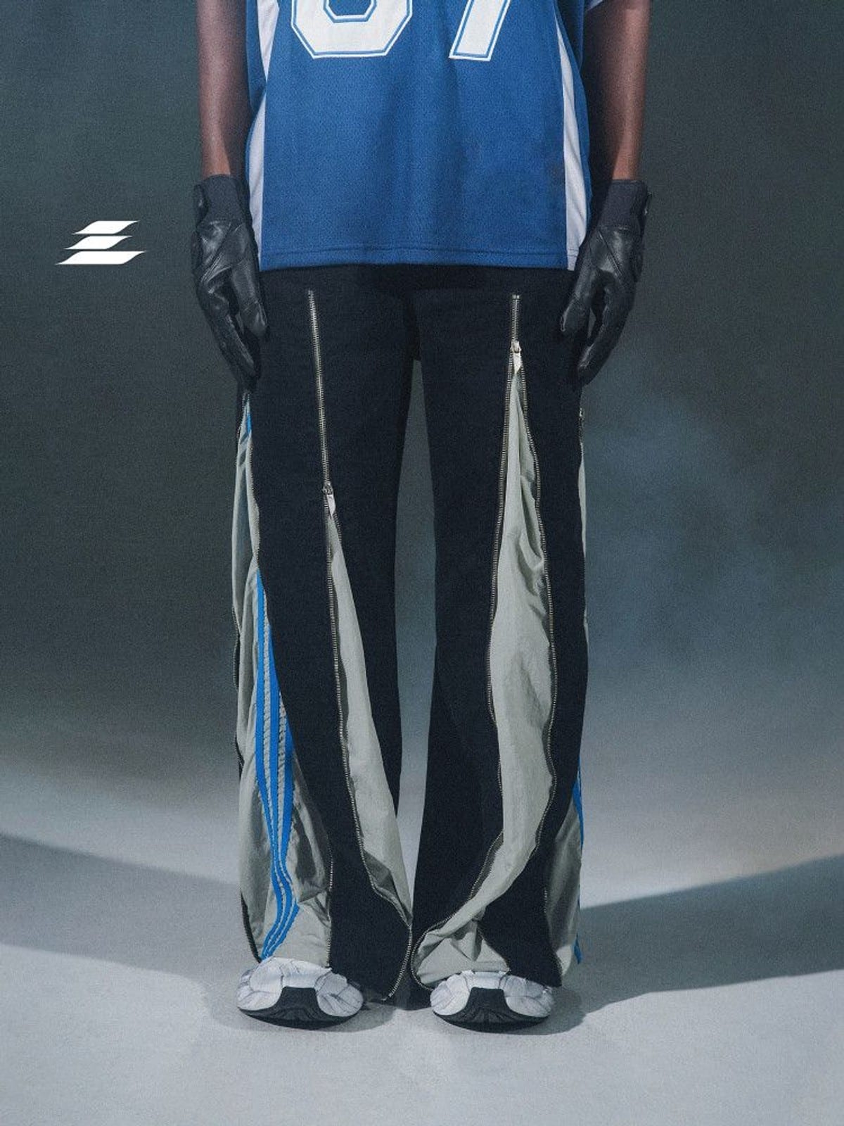 LOSTCTRL Deconstructed Zipper Panel Cotton Pants in Black - On Model
