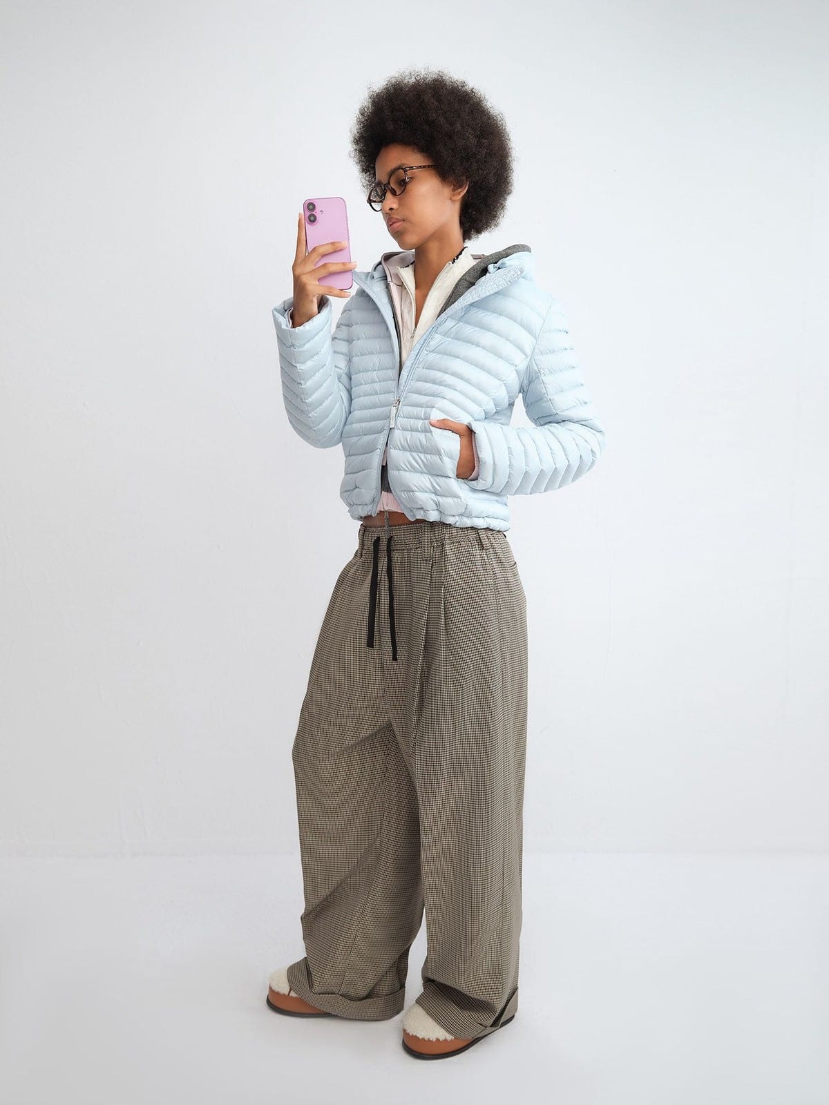 RARELY ALIKE Detachable Hood Duck Down Puffer in Sky Blue - On Female Model