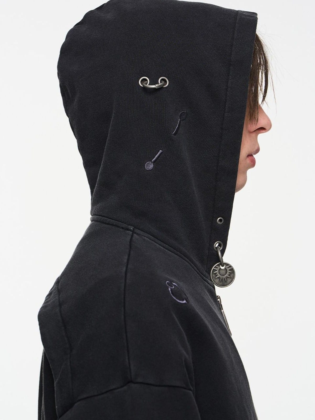 BLINDNOPLAN Washed Distressed Graphic Zip Hoodie in Black - On Model