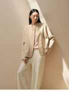 TEASEL Wool Blend Stand Collar Short Coat in Beige - On Female Model