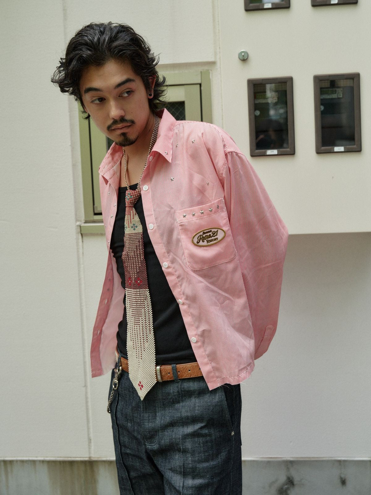 Retro 21 Star Studded Striped Cropped Shirt in Pink - On Male Model