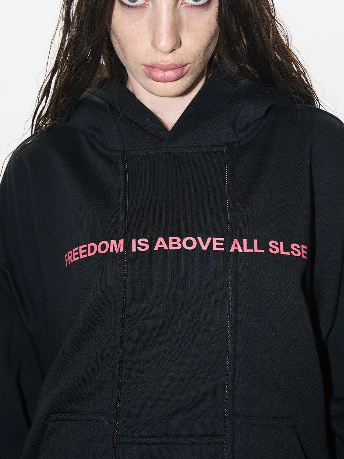 BLINDNOPLAN Faux Double Layer Paneled Hoodie in Black - On Female Model