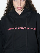 BLINDNOPLAN Faux Double Layer Paneled Hoodie in Black - On Female Model