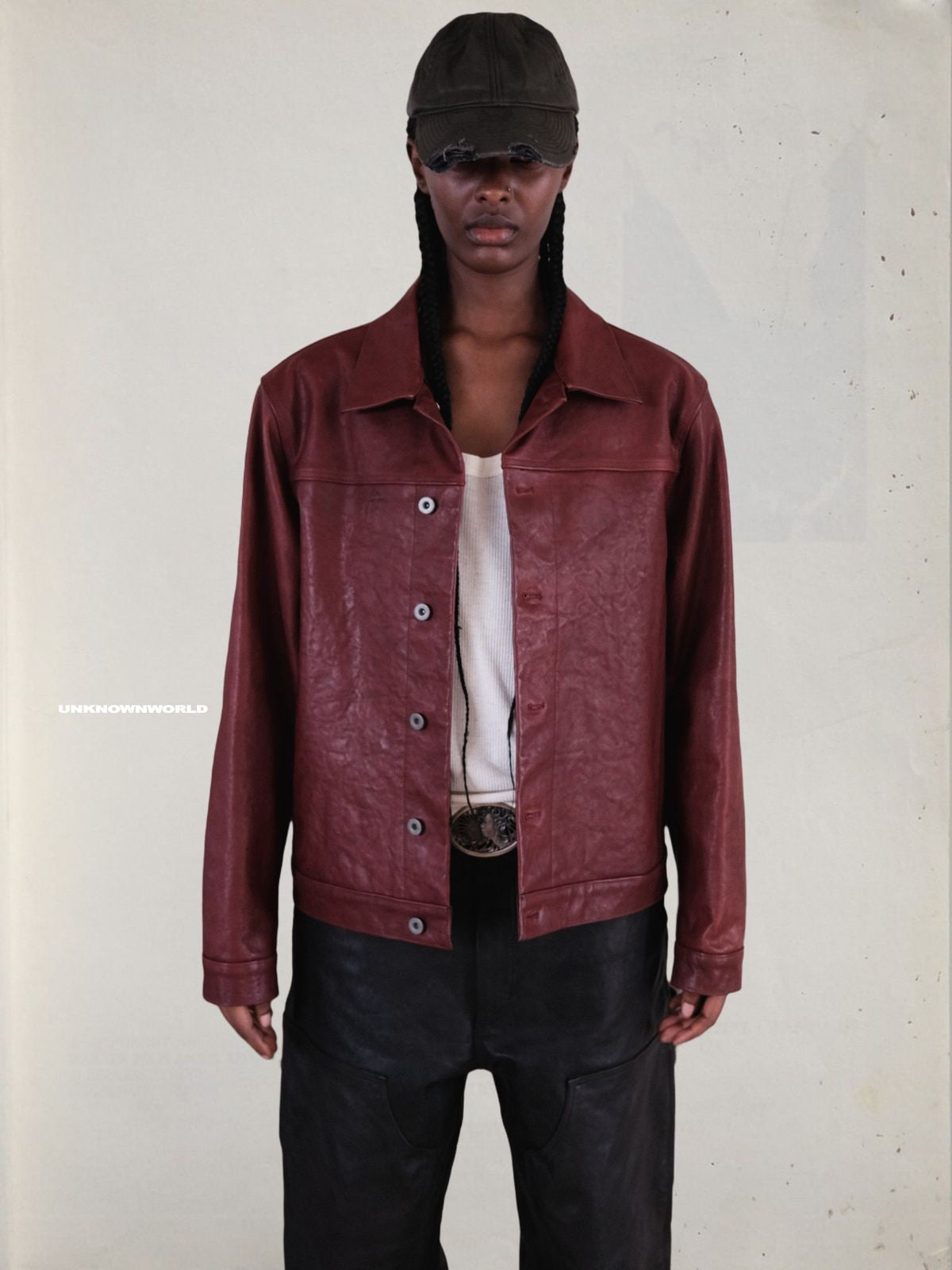 UNKNOWNWORLD Distressed Scarlet Leather Jacket in Red - On Female Model