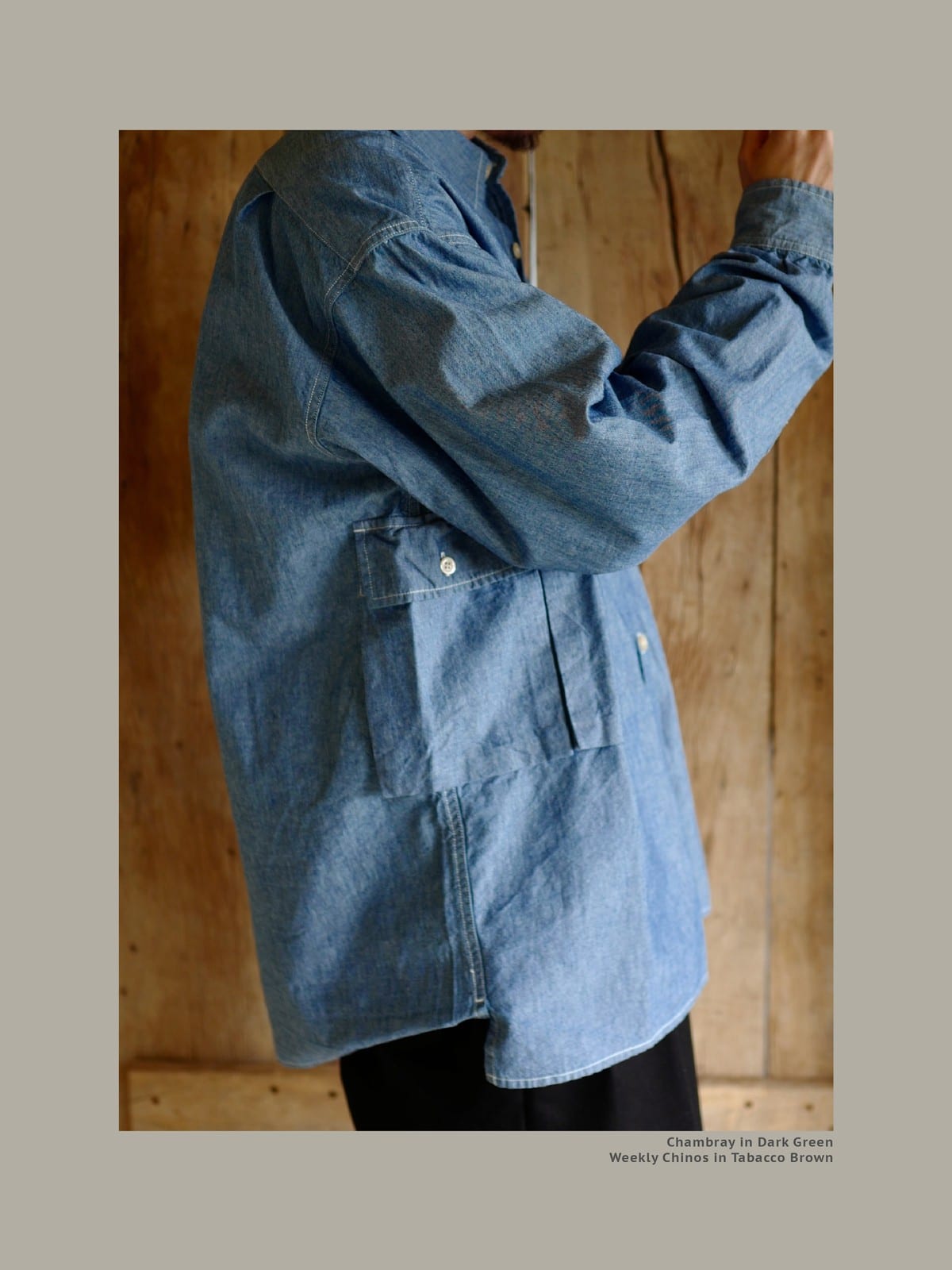 USAGE Cotton Chambray Safari Shirt in Denim - On Male Model
