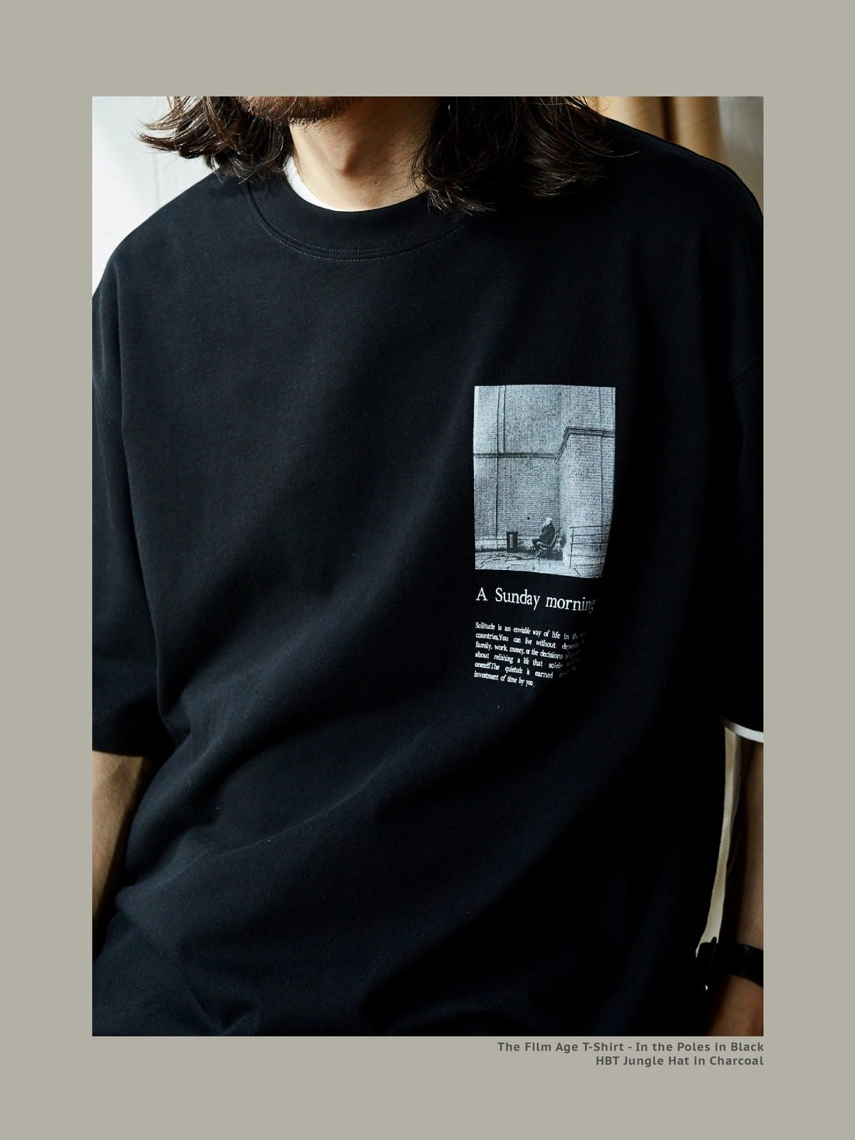 USAGE Air Spun Cotton Graphic T Shirt in Black - On Male Model