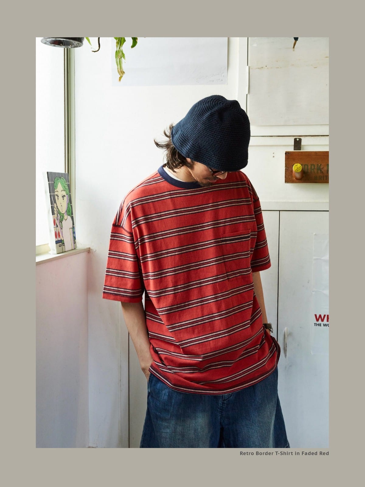 USAGE Retro Striped Cotton T Shirt in Red - On Male Model