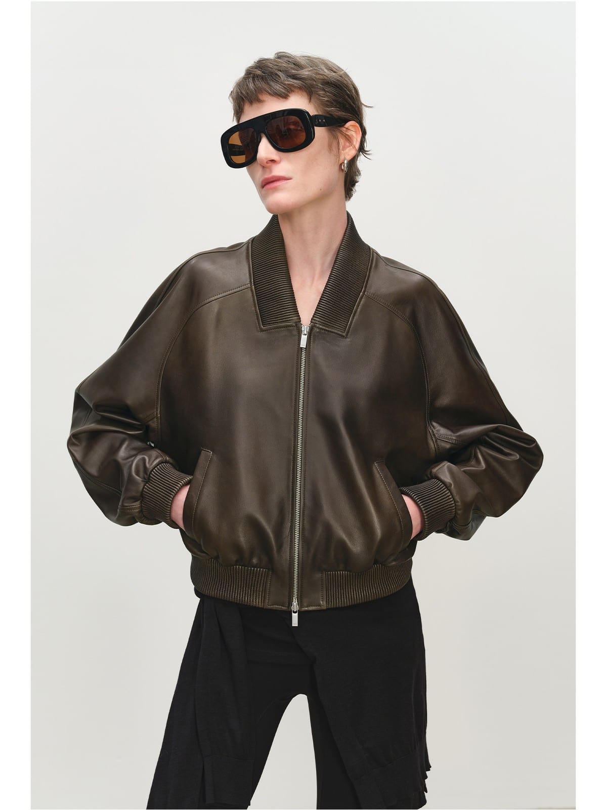 MSBEAST Double Zip Cropped Sheepskin Leather Jacket in Brown - On Female Model