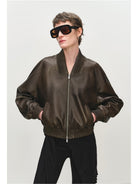MSBEAST Double Zip Cropped Sheepskin Leather Jacket in Brown - On Female Model
