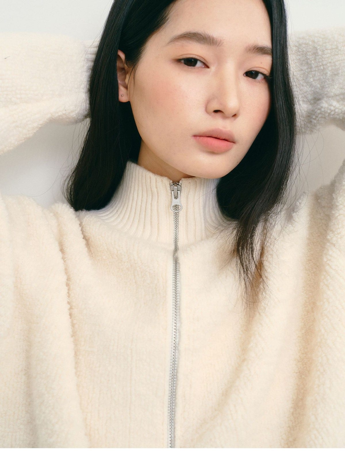 TEASEL Merino Wool Boucl Zip Cardigan in White - On Female Model
