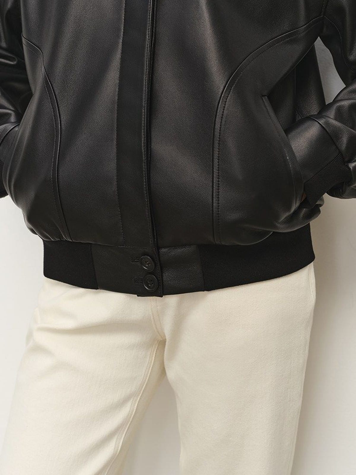 MSBEAST Sheepskin Leather Bomber Jacket in Black - On Model