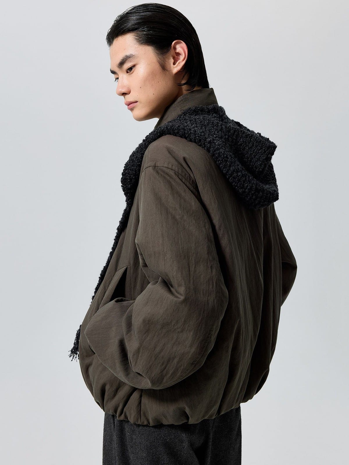 SIMPLE PROJECT Balloon Stand Collar 3M Puffer in Gray - On Male Model
