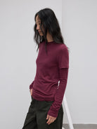 Random Piece Merino Wool U Neck Short Sleeve T Shirt in Burgundy - On Female Model