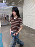 NeverSeez Striped Drawstring Cropped Polo in Brown - On Female Model