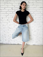 FaxCopyExpress Washed Gardener Denim Shorts in Blue - On Female Model