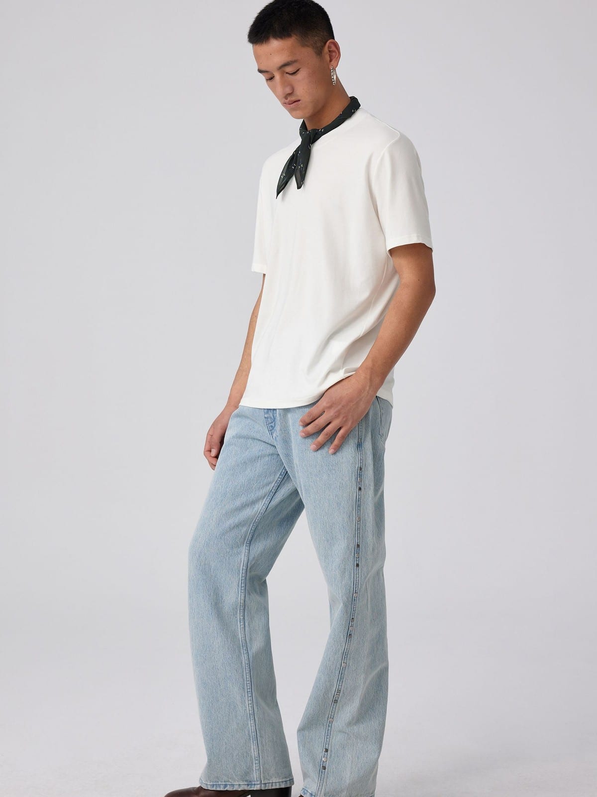 SIMPLE PROJECT Wool Blend Crewneck T Shirt in White - On Male Model