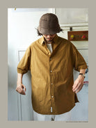 USAGE Cotton Crinkle Short Sleeve Shirt in Beige - On Male Model