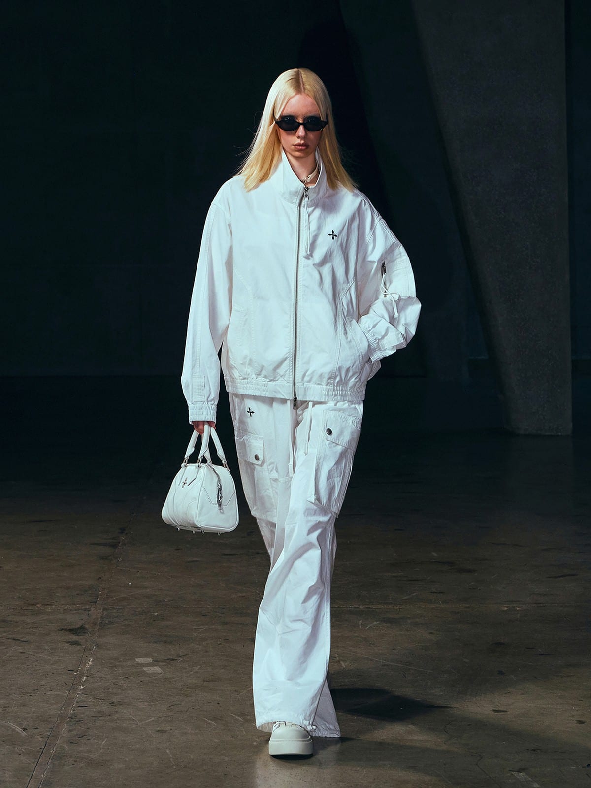 SMFK Garment Dyed Cotton Training Jacket in White - On Female Model