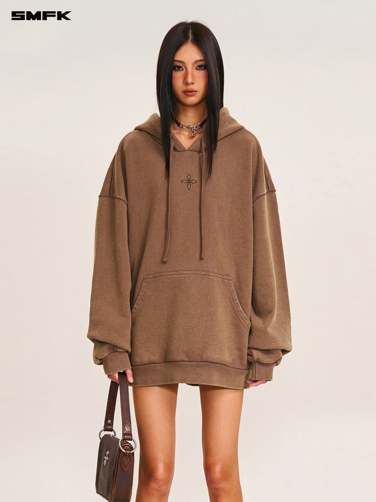 SMFK Vintage Camouflage Cotton Hoodie in Brown - On Female Model