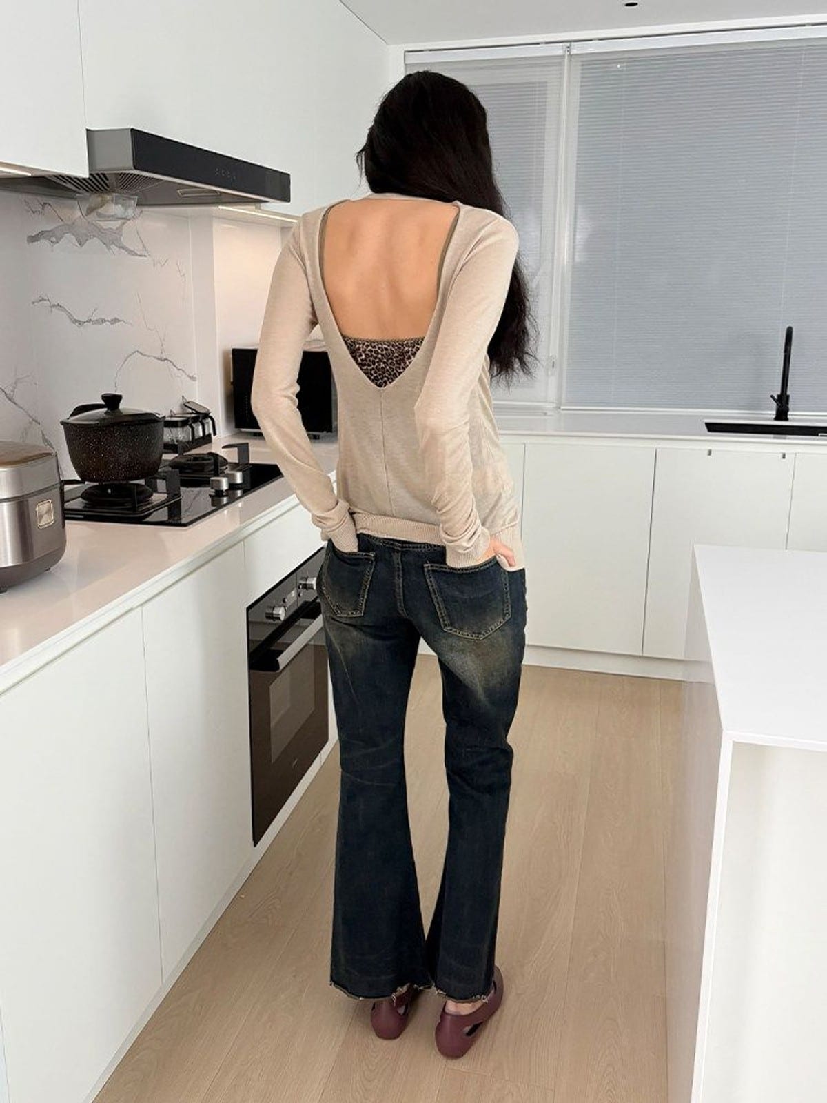 RARELY ALIKE Silk Wool V Neck Backless Cardigan in Olive - On Female Model