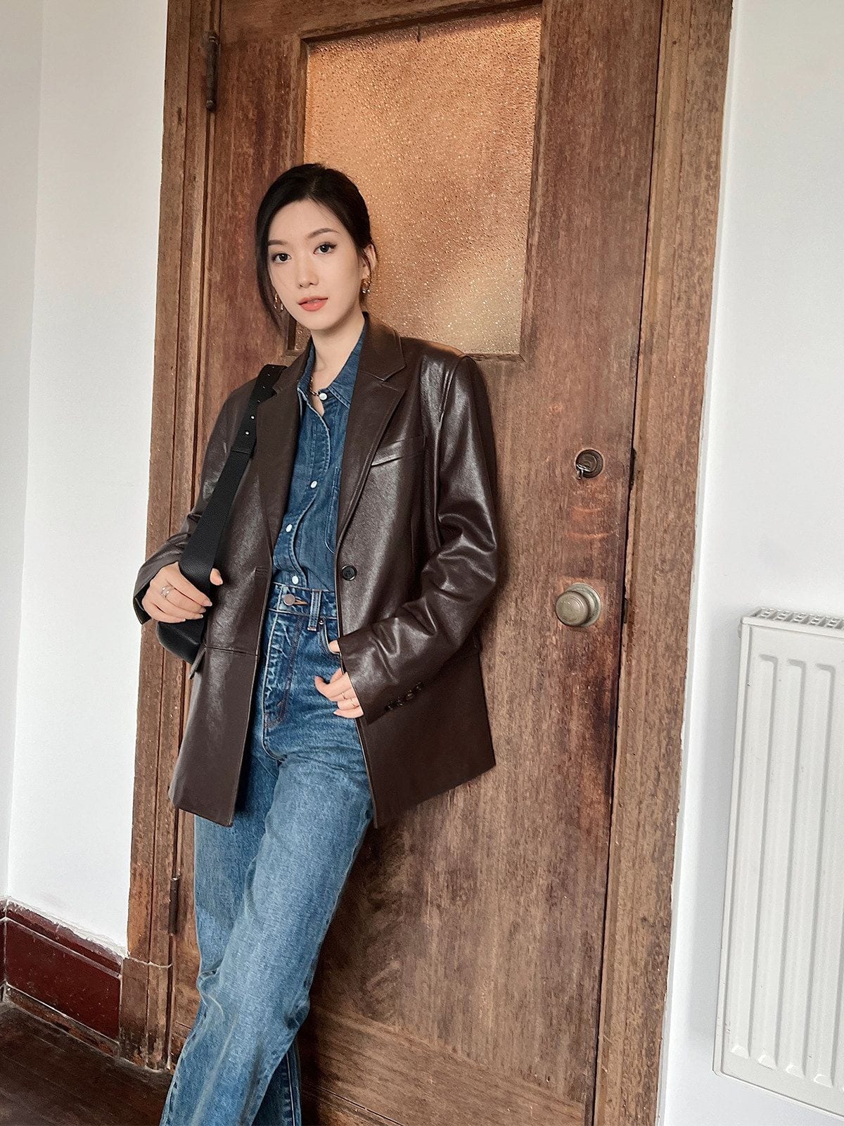 MSBEAST Vegetable Tanned Sheepskin Blazer in Brown - On Female Model