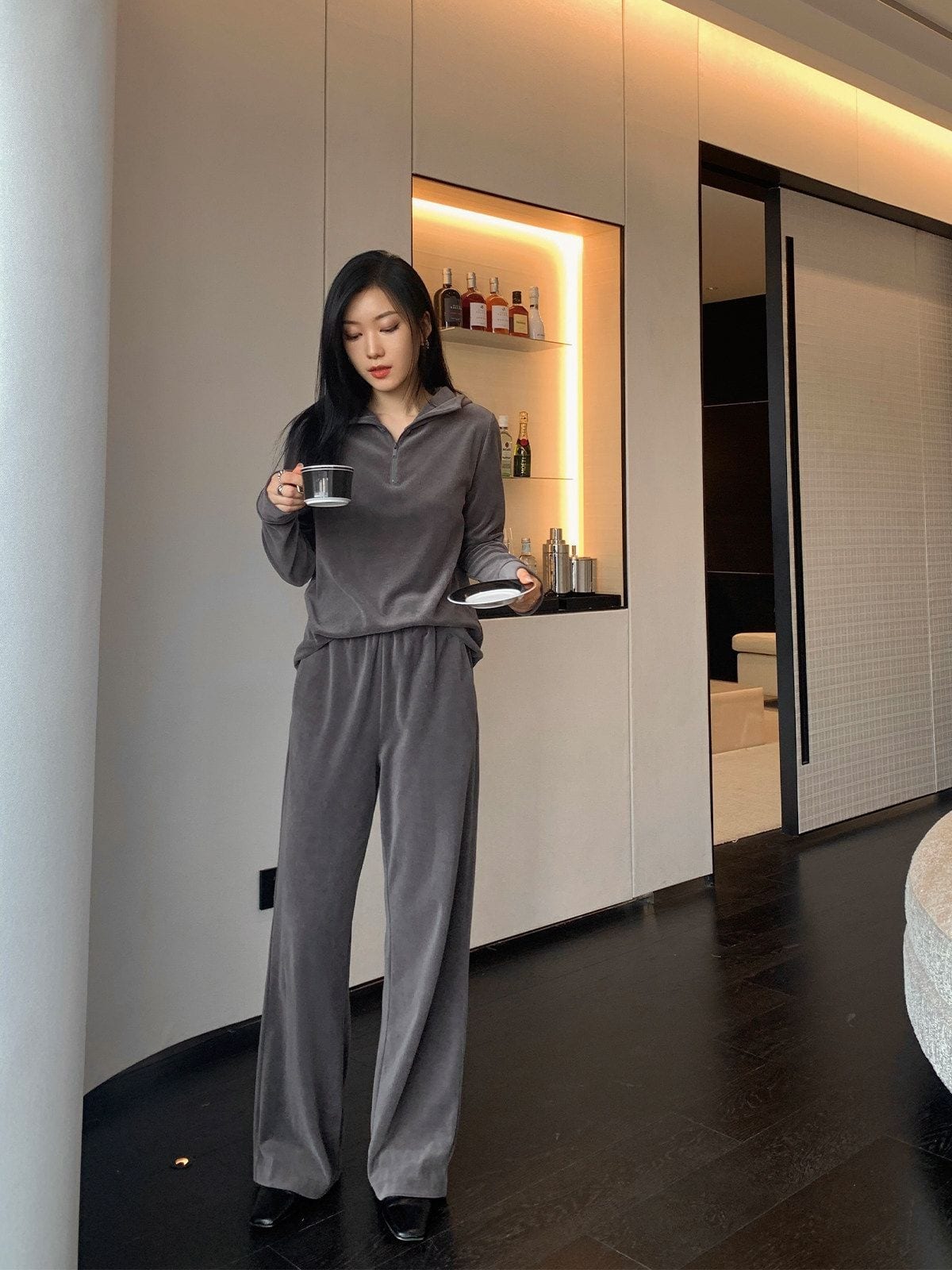 MSBEAST Half Zip Hoodie Wide Leg Pants Set in Gray - On Female Model