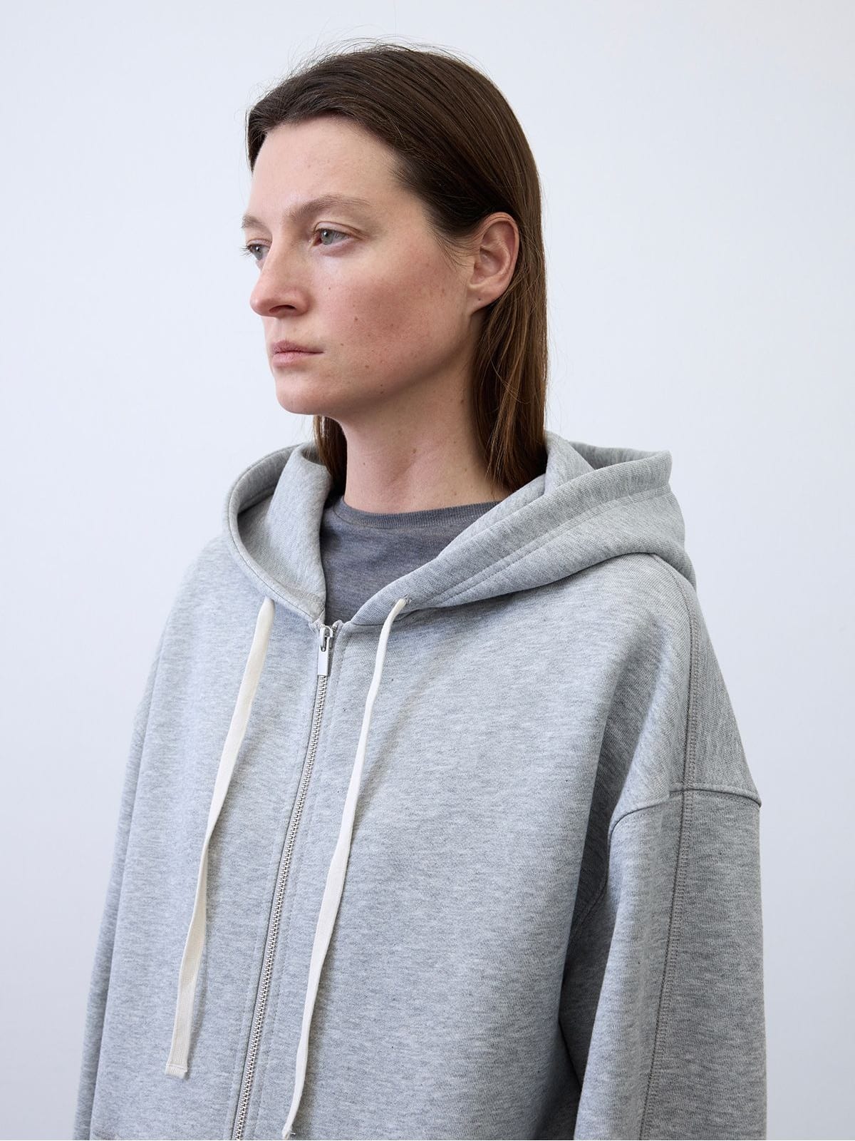 Random Piece Cotton Lyocell Zip Up Hoodie in Gray - On Female Model
