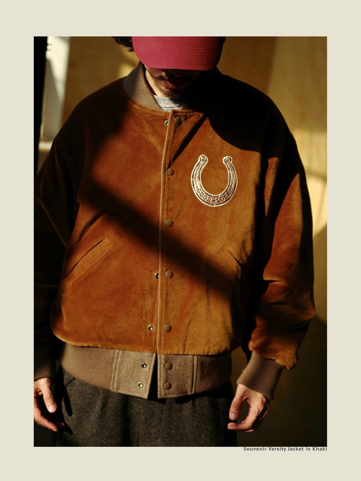 USAGE Reversible Velvet Leather Varsity Jacket in Beige - On Male Model