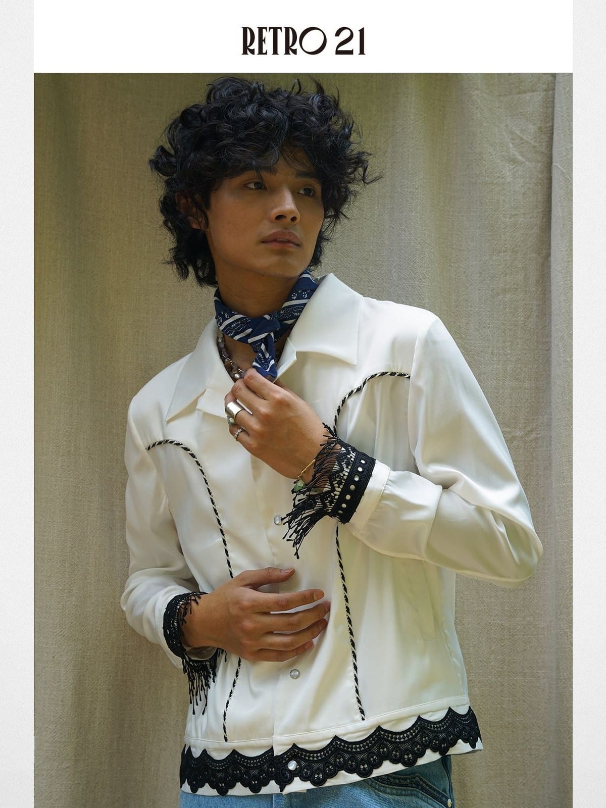 Retro21 Western Fringe Shirt Jacket in White - On Male Model