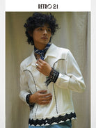 Retro21 Western Fringe Shirt Jacket in White - On Male Model