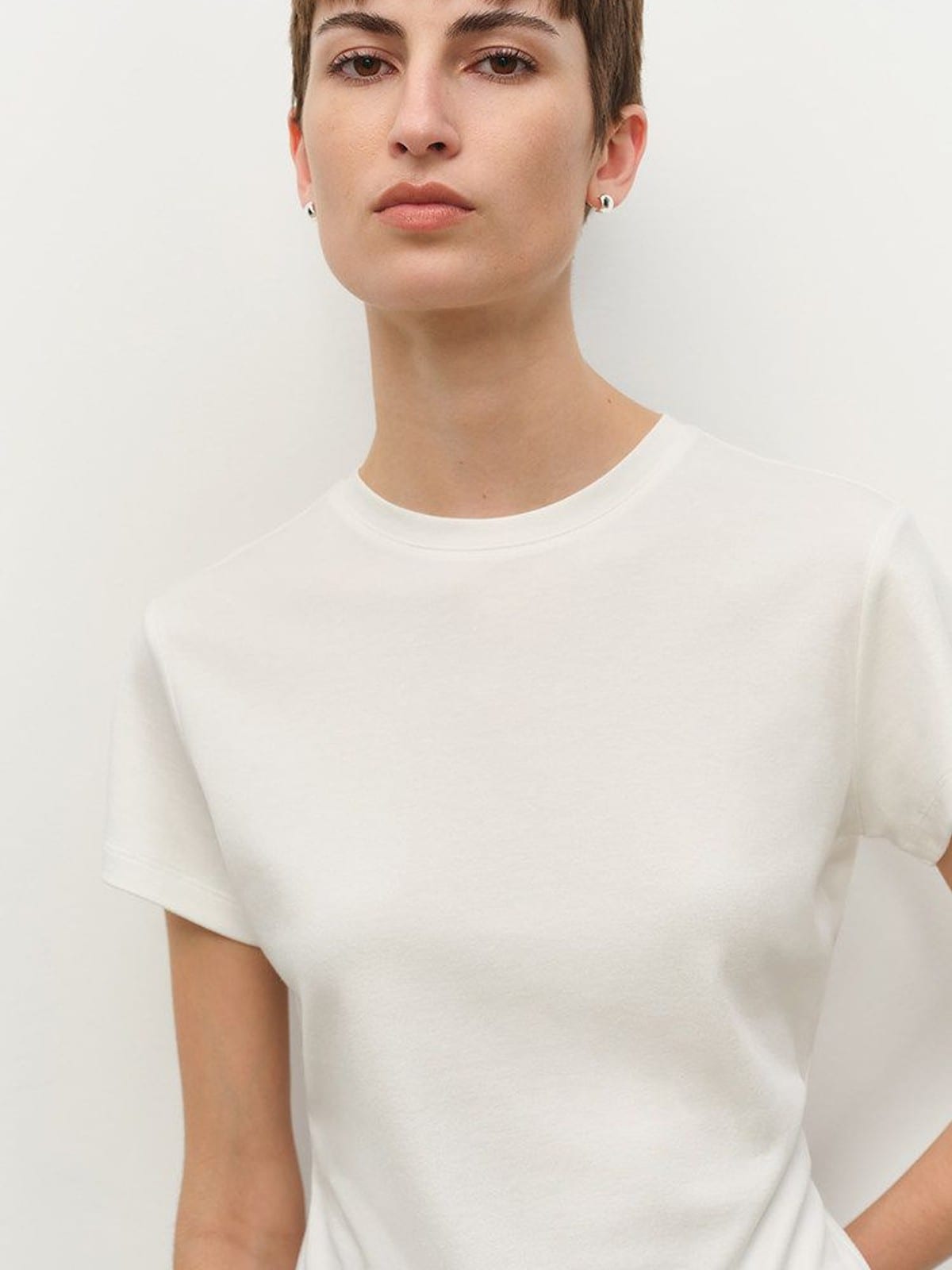MSBEAST Acetate Cotton Flutter Sleeve T Shirt in White - On Female Model