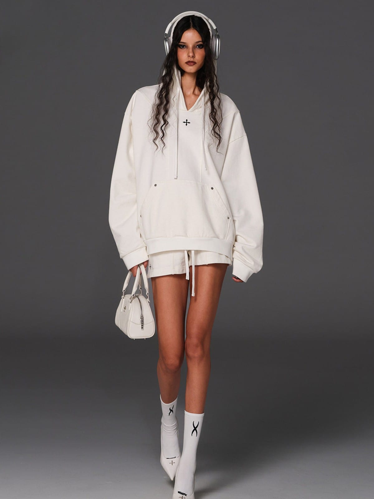 SMFK Cotton Wool Blend Oversized Hoodie in White - On Female Model