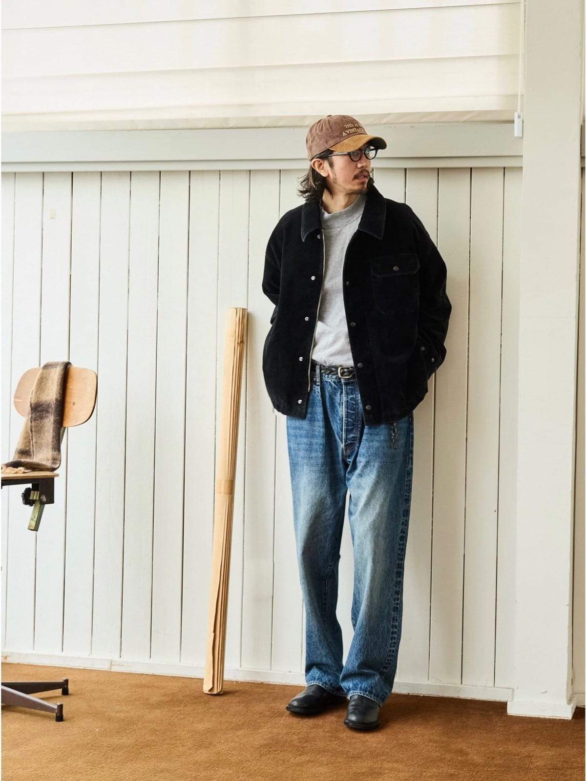 USAGE Wide Wale Corduroy Deck Jacket in Black - On Male Model