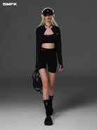 SMFK Cropped Stretch Nylon Track Jacket in Black - On Female Model