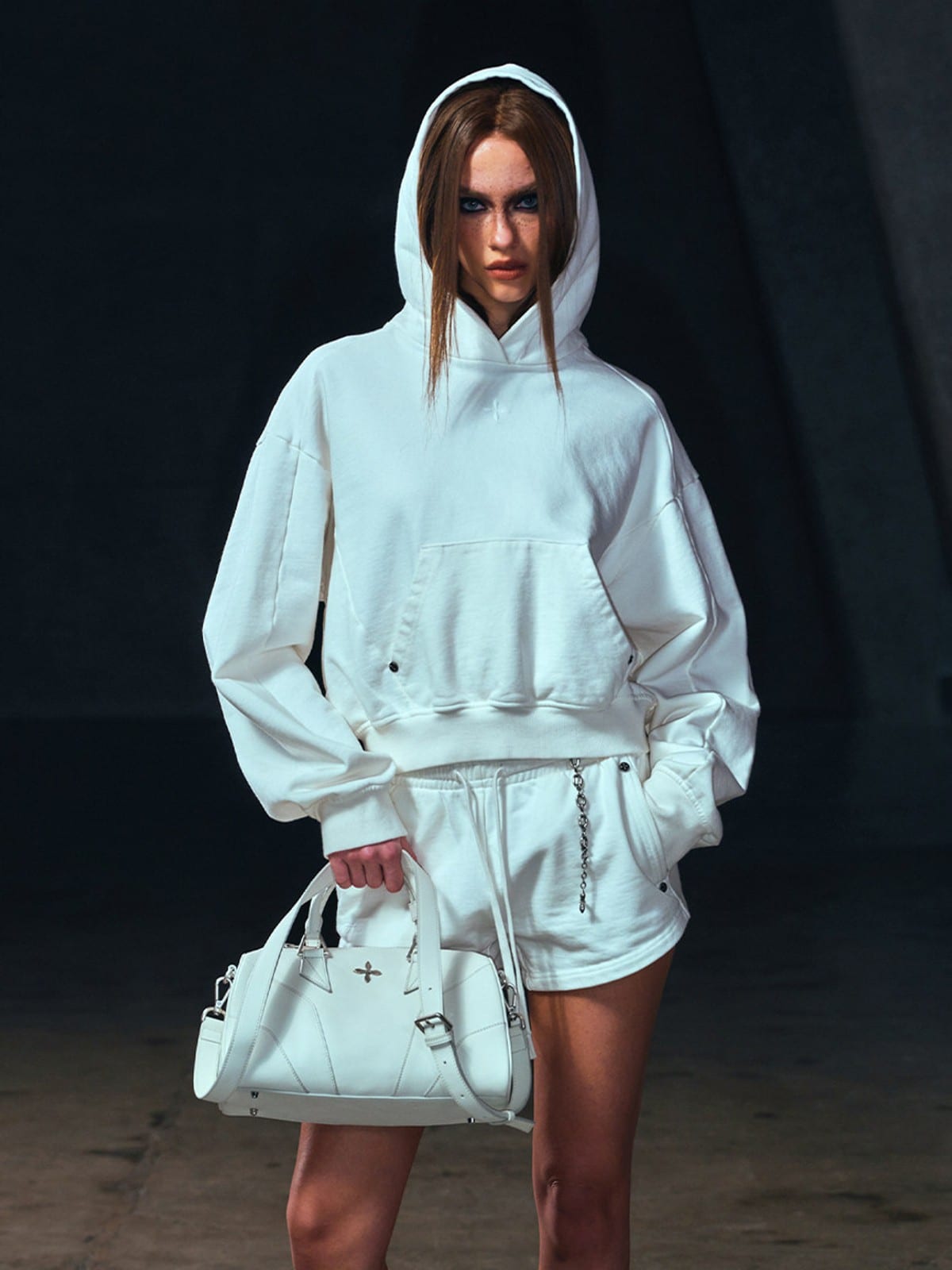 SMFK Meditation Cropped Cotton Hoodie in White - On Female Model