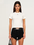 SMFK Embroidered Cross Crewneck Tee in White - On Female Model