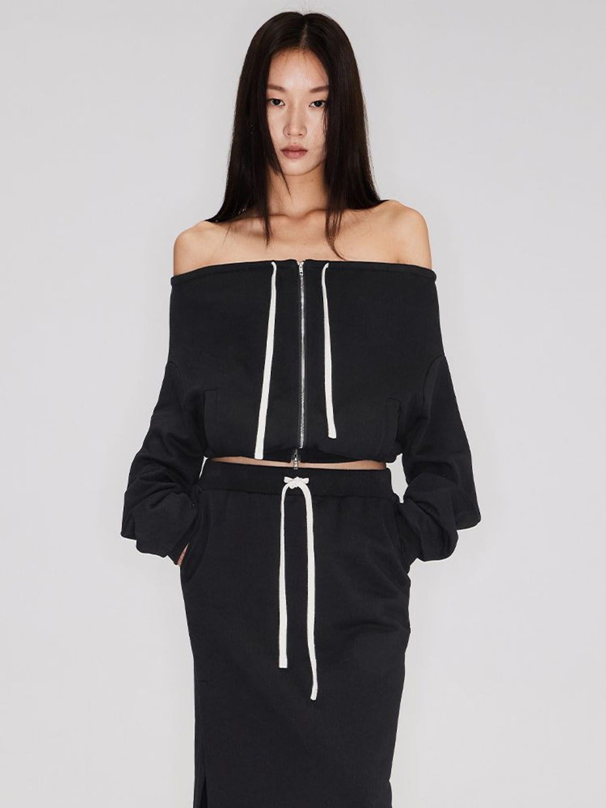 RARELY ALIKE Off Shoulder Zip Up Sweatshirt in Black - On Female Model