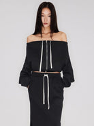 RARELY ALIKE Off Shoulder Zip Up Sweatshirt in Black - On Female Model