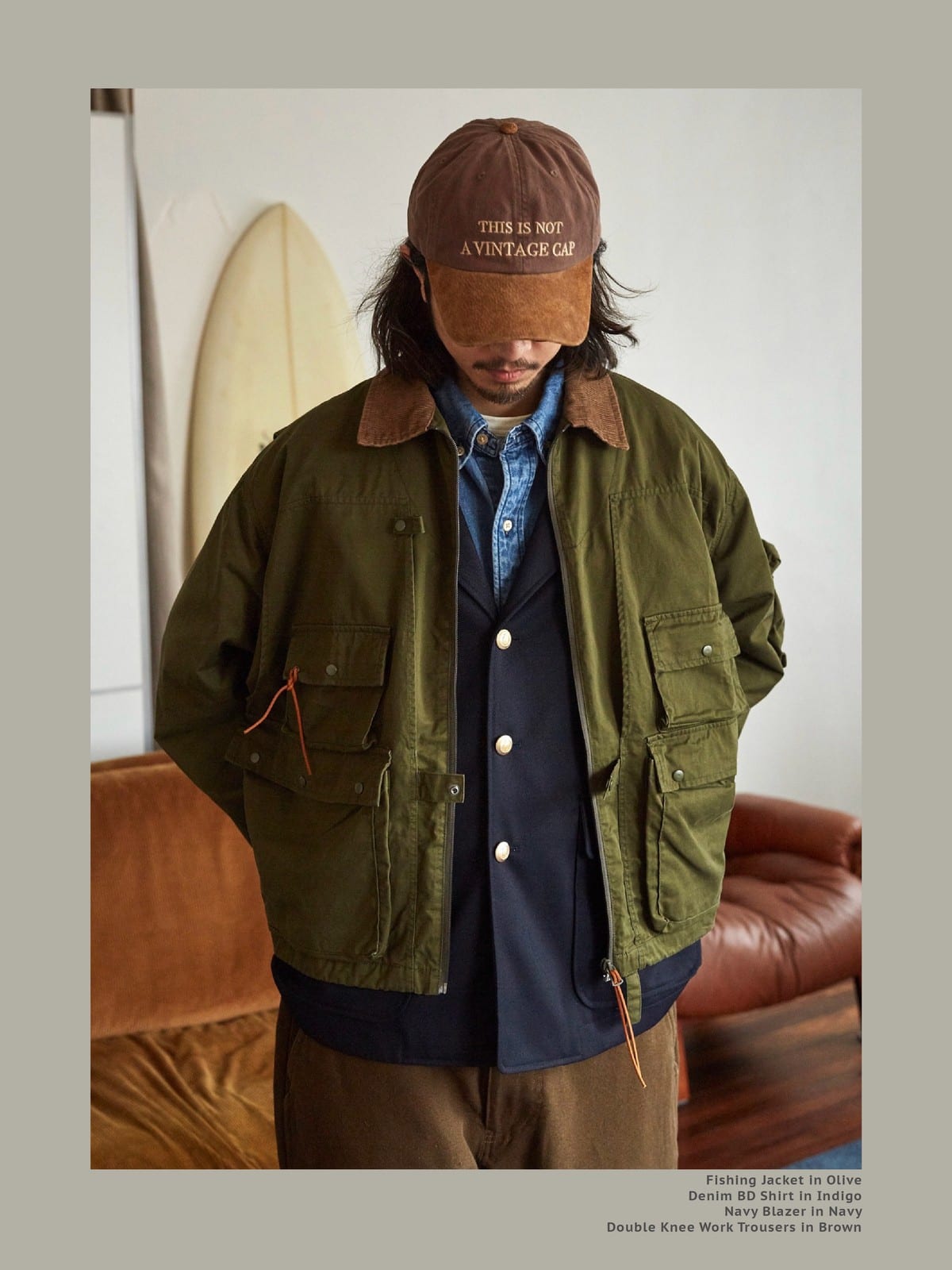 USAGE Corduroy Collar Cotton Fishing Jacket in Olive - On Male Model