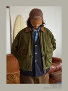 USAGE Corduroy Collar Cotton Fishing Jacket in Olive - On Male Model