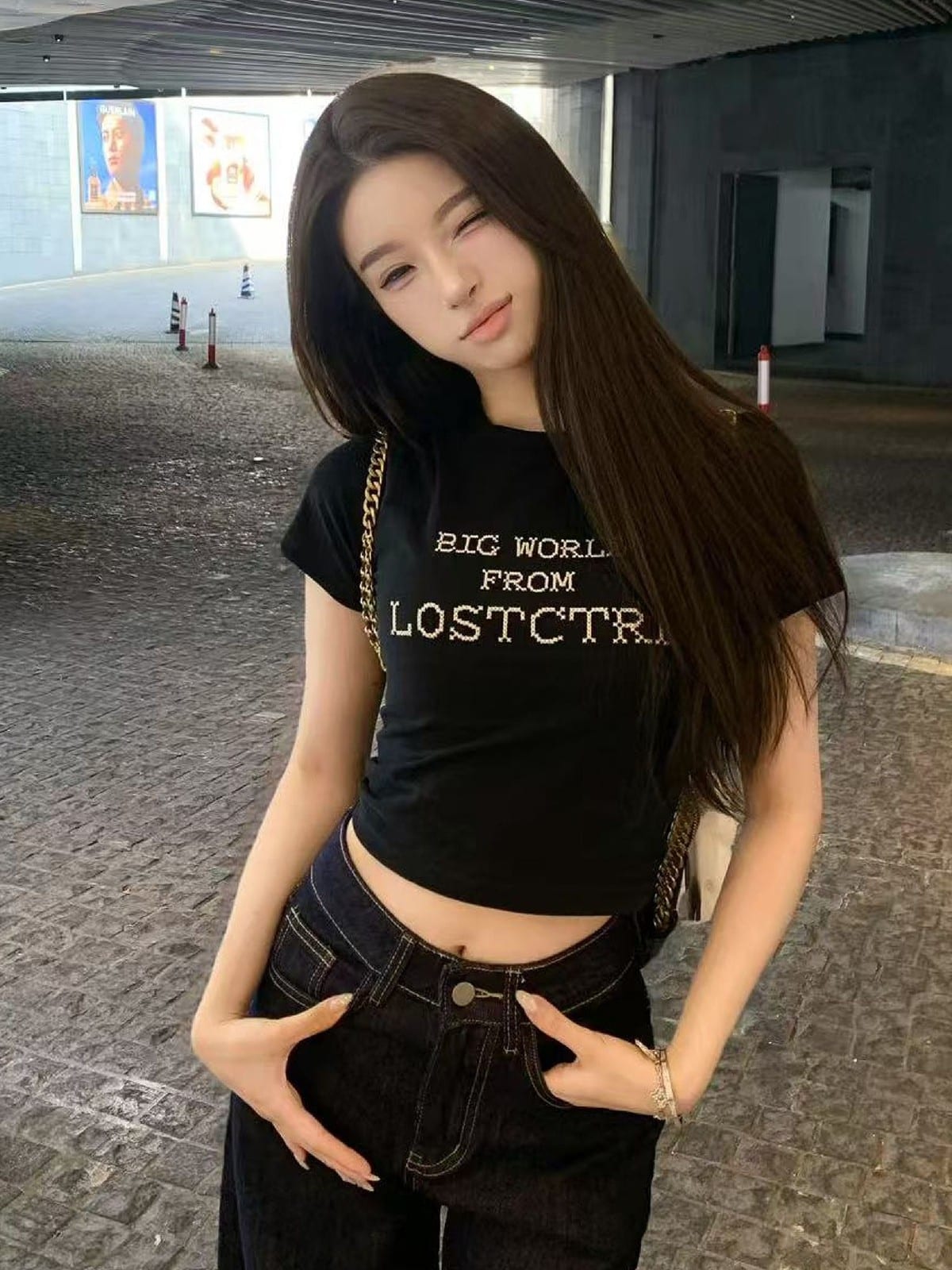 LOSTCTRL Heavyweight Embroidered Cropped T Shirt in Black - On Female Model