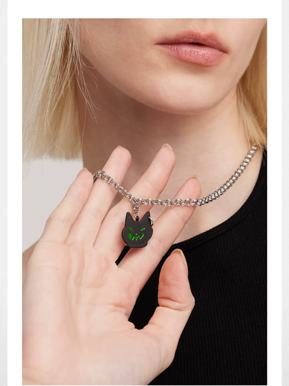 BLACKHEAD Green Eyed Cat Pendant Necklace in Black - On Female Model